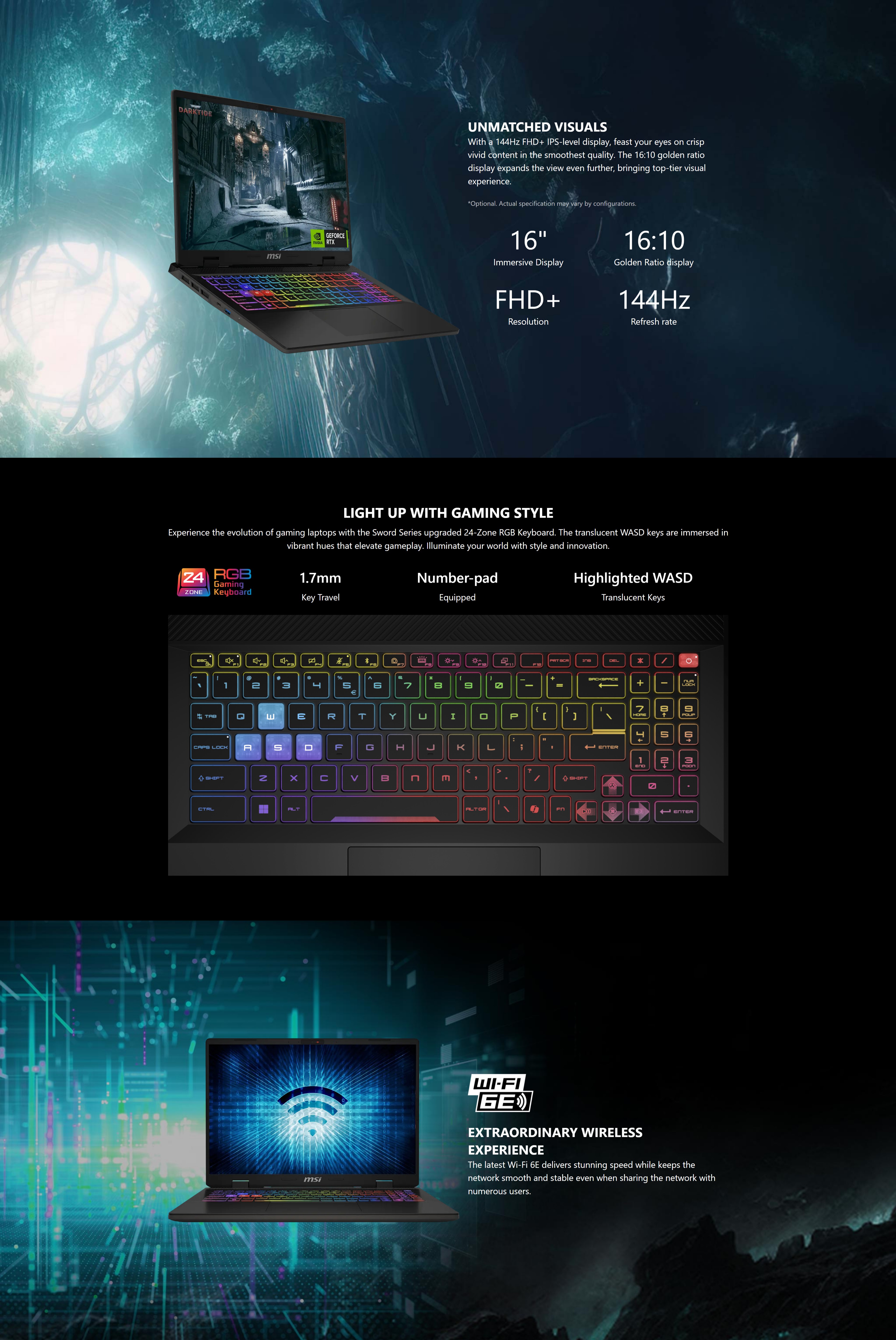 A large marketing image providing additional information about the product MSI Sword 16 HX (B13V) - 16" 144Hz, 13th Gen i7, RTX 4070, 16GB/1TB - Win 11 Gaming Notebook - Additional alt info not provided